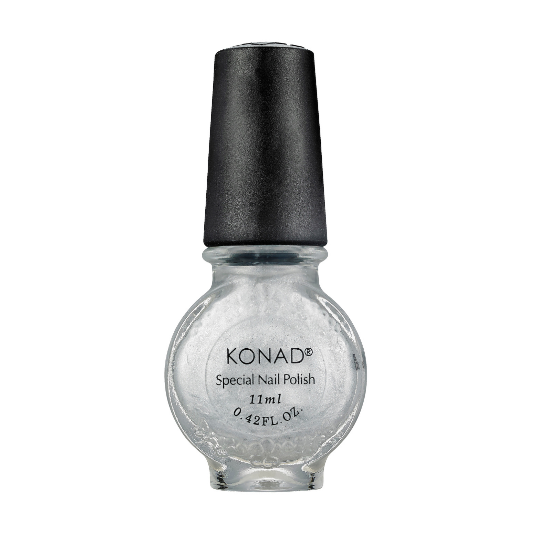 A bottle of Konad nail art stamping Polish in a clear glass bottle showing a shimmering silver-white polish, topped with a black cap, on a plain white background.
