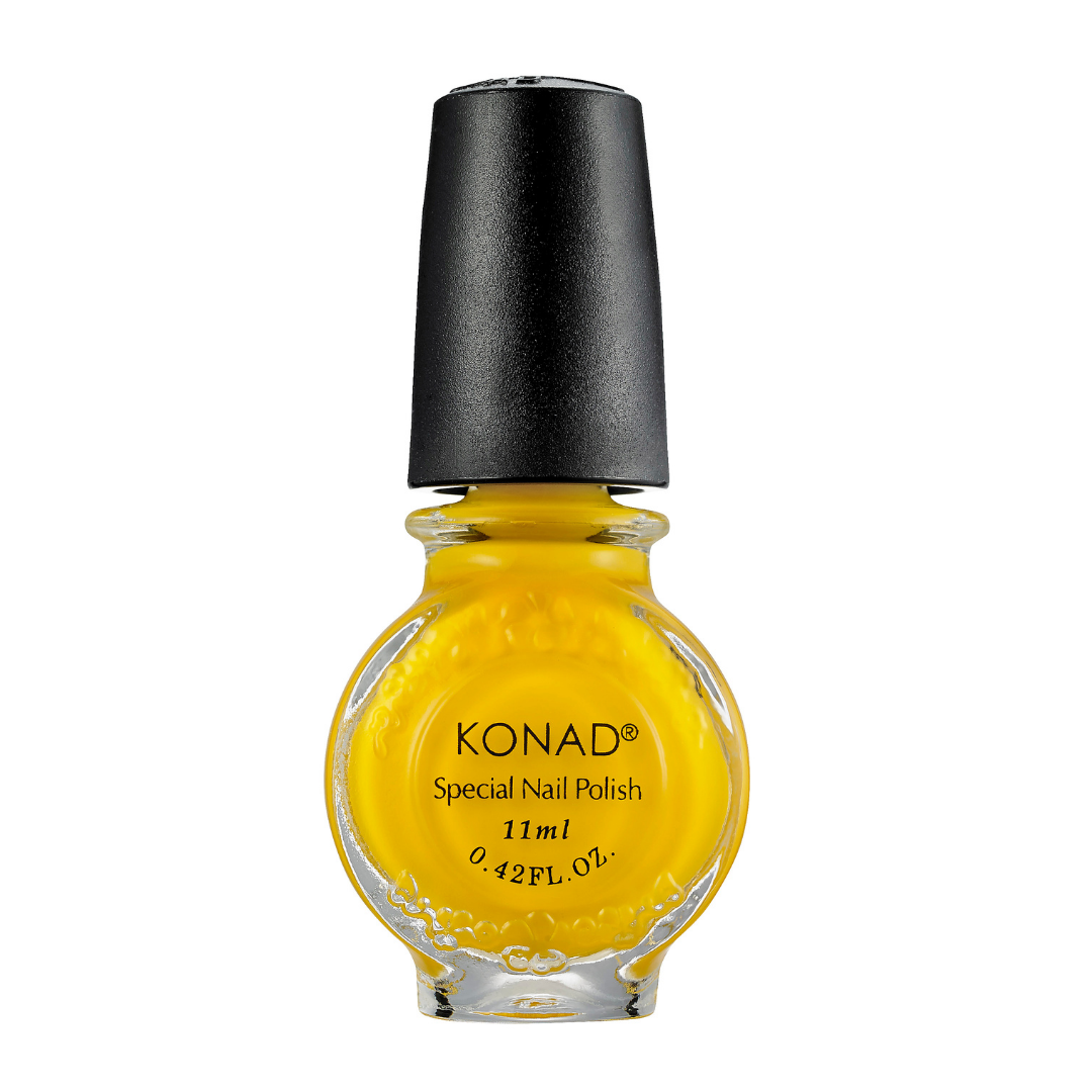 A bottle of Konad  stamping nail art Polish in a bright yellow shade, featuring a textured black cap and a clear glass bottle with embossed details, set against a plain white background.