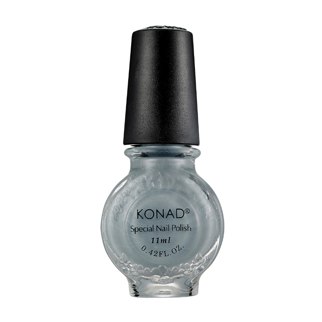 A bottle of Konad nail art stamping Polish in a light icy blue shade, featuring a textured glass bottle and a matte black cap, shown against a plain white background.