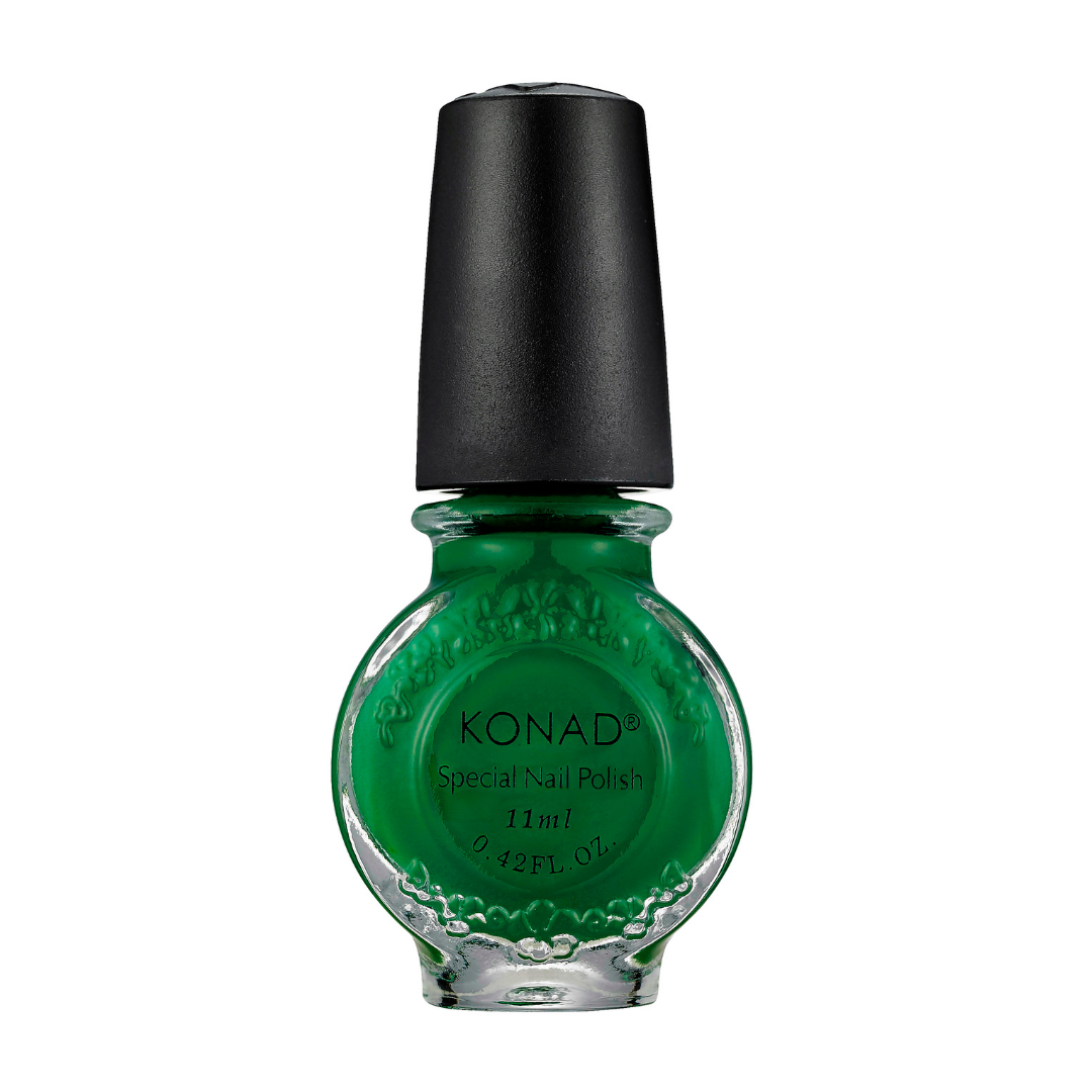 A bottle of green Konad nail art stamping Polish nail polish with a textured glass bottle, green polish inside, and a black cap, shown on a plain white background.
