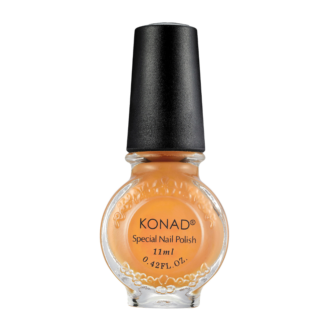 A bottle of Konad nail art stamping Polish in a warm peach-orange shade, featuring a textured clear glass bottle and a matte black cap, set against a plain white background.
