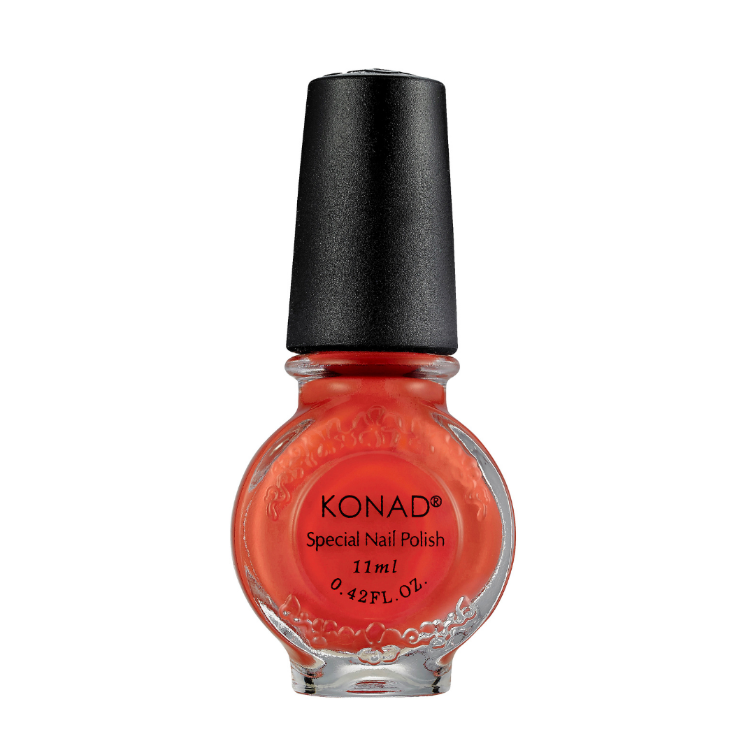 A bottle of Konad nail art stamping Polish in a vibrant coral orange shade, featuring a textured black cap and a clear glass bottle with a printed brand label.