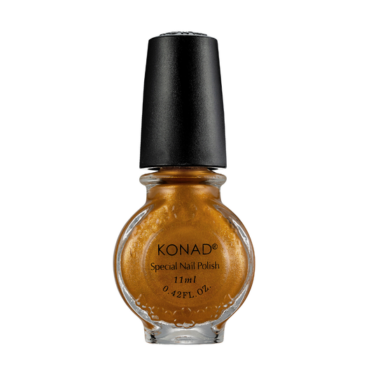 A bottle of Konad  stamping nail art Polish in a metallic gold shade, featuring a black cap and clear glass bottle on a white background.