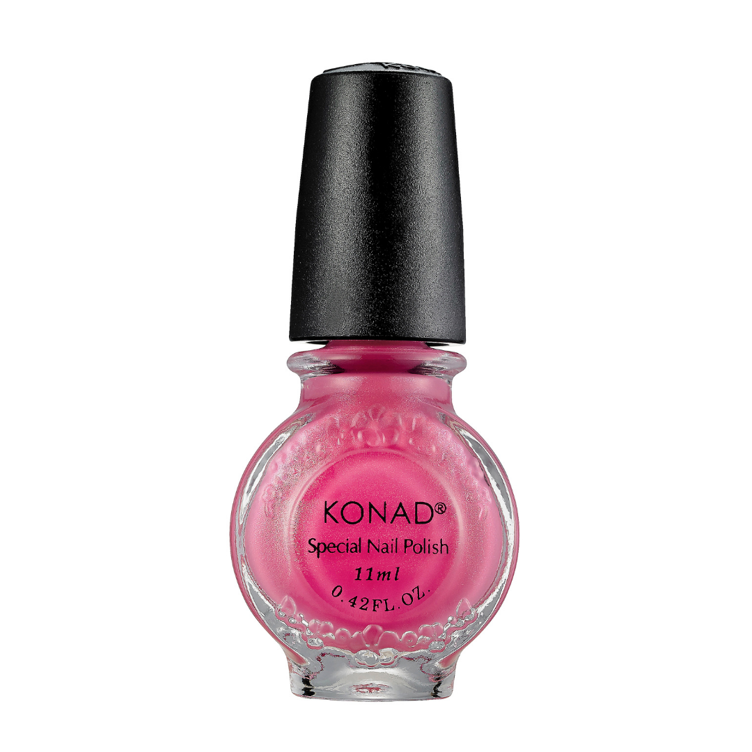 A bottle of Konad nail art stamping Polish in a vibrant pink shade, featuring a textured black cap and a clear glass bottle with a printed label, set against a plain white background.