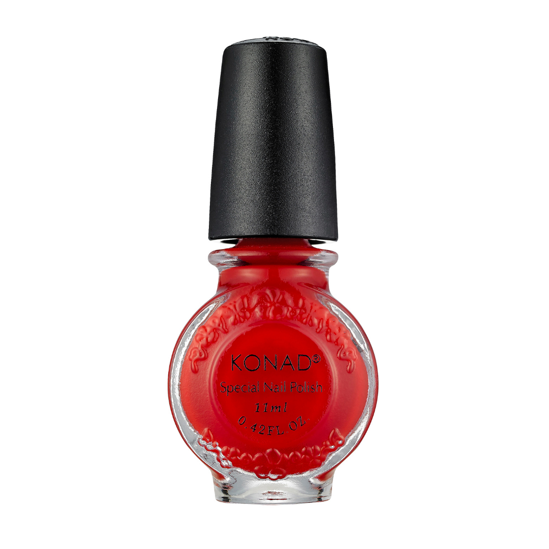 A bottle of Konad stamping nail art Polish in a vibrant red shade, featuring a textured glass bottle and a black cap, set against a plain white background.