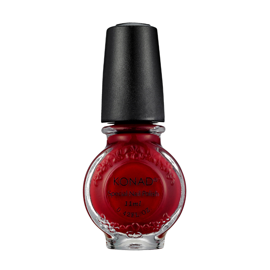 A bottle of Konad nail art stamping Polish in a deep red shade, featuring a textured glass bottle filled with the red polish and a matte black cap, set against a plain white background.
