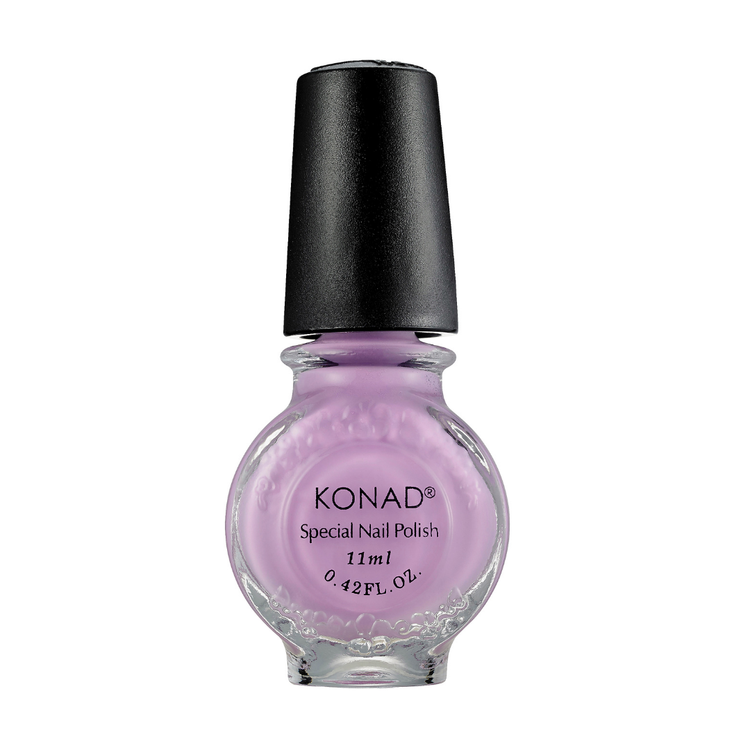 A bottle of KONAD nail art stamping Polish in a light lavender purple shade, featuring a black cap and clear glass bottle, shown against a plain white background.