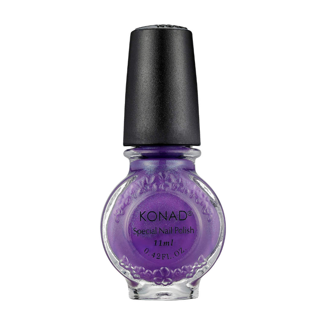 A bottle of Konad stamping nail art Polish in a vibrant purple shade, featuring a textured glass bottle and a black cap, set against a plain white background.
