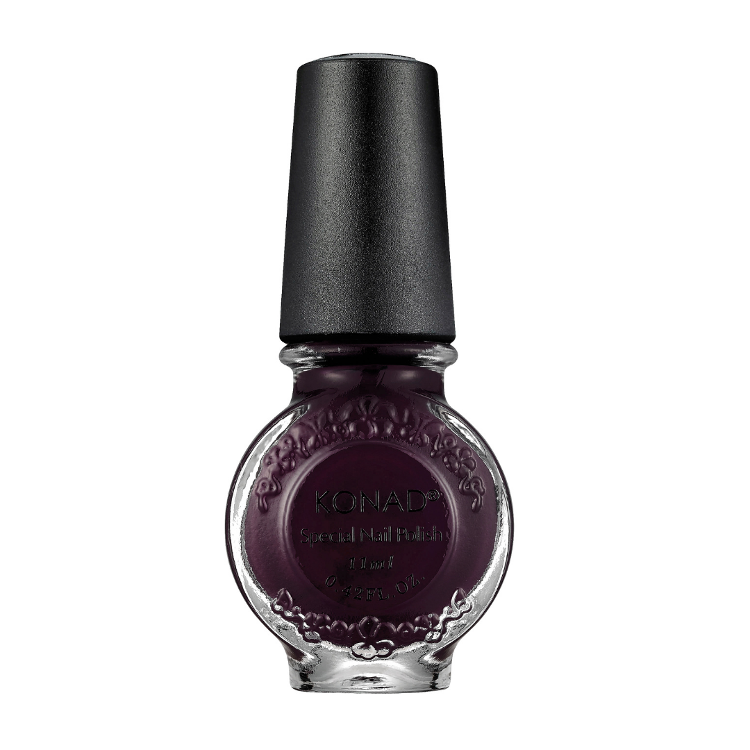 A bottle of KONAD nail art stamping Polish, showing a deep dark purple polish inside a clear glass bottle with a black cap, on a white background.