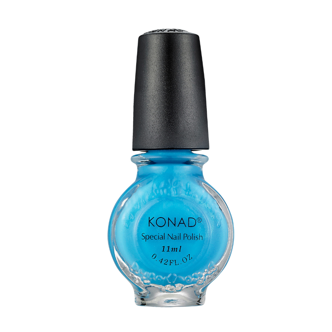 A bottle of Konad stamping nail art Polish in a bright sky blue shade, featuring a black cap and clear glass bottle, shown against a plain white background.