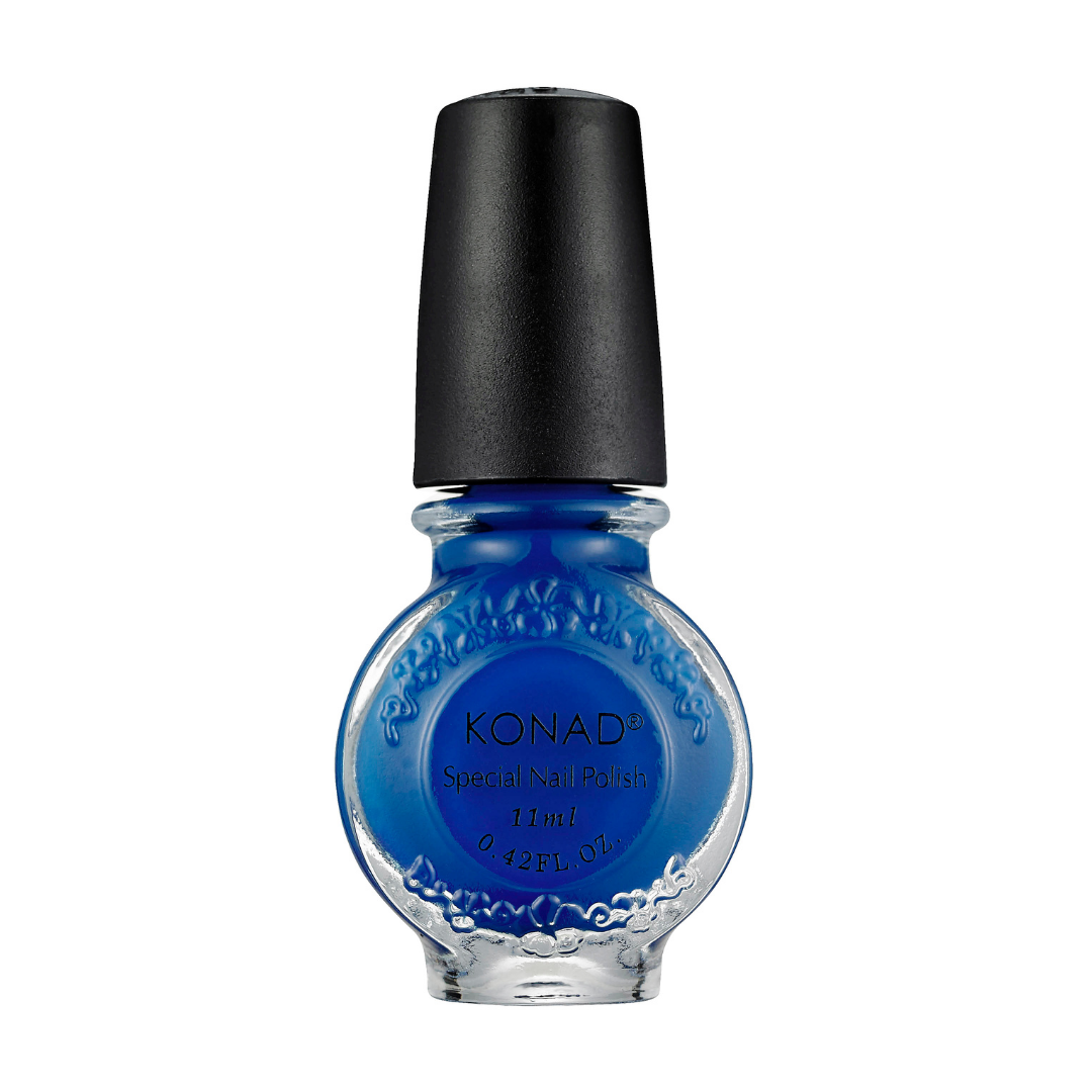 A bottle of KONAD nail art stamping Polish in the shade 11ml, featuring a vibrant cobalt blue nail polish in a clear glass bottle with a textured black cap, set against a plain white background.