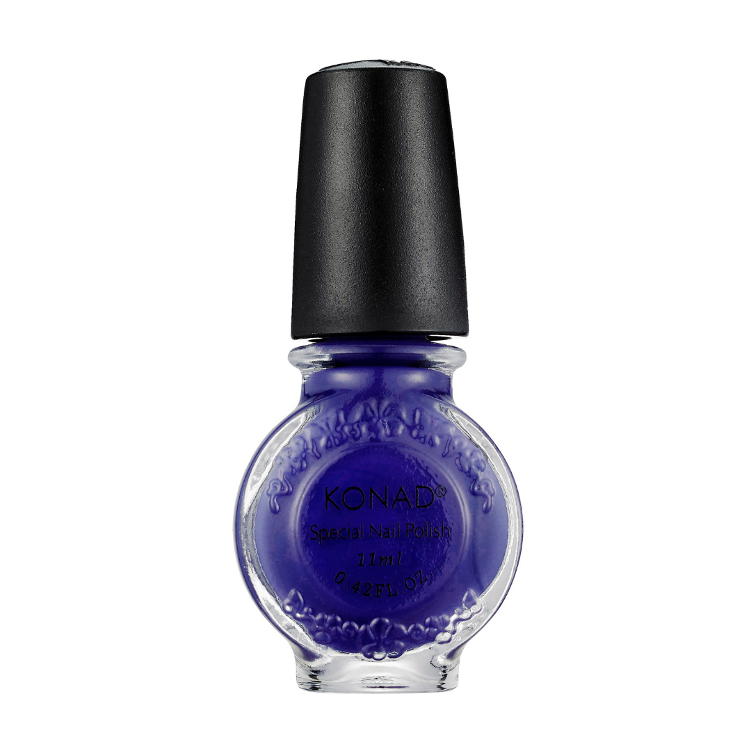 A bottle of Konad  stamping nail art Polish in a deep cobalt blue shade, featuring a textured clear glass bottle and a black cap, set against a plain white background.
