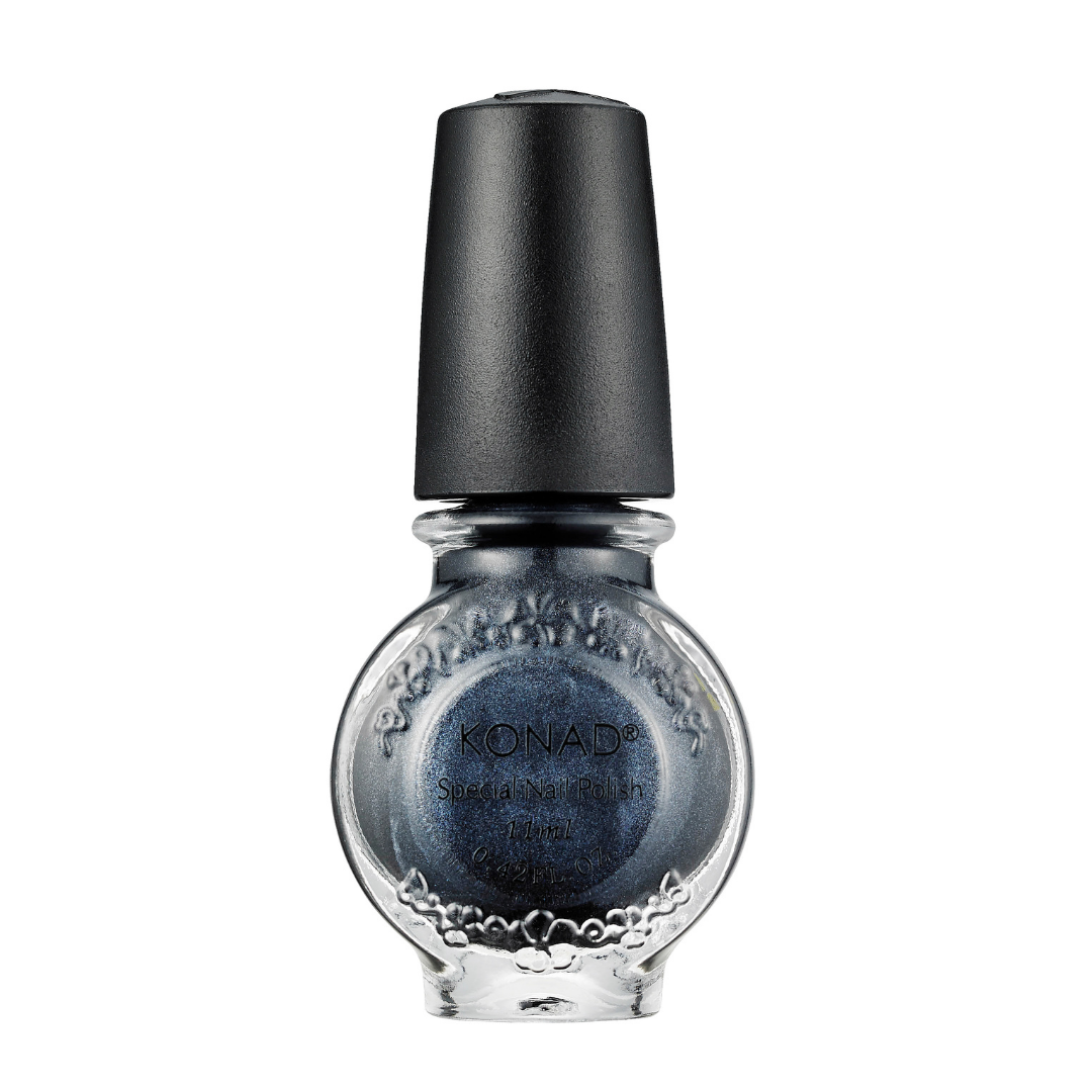 A bottle of Konad stamping nail art Polish in the shade Silver Blue, featuring a textured clear glass bottle filled with shimmering blue-gray polish and topped with a matte black cap, set against a plain white background.