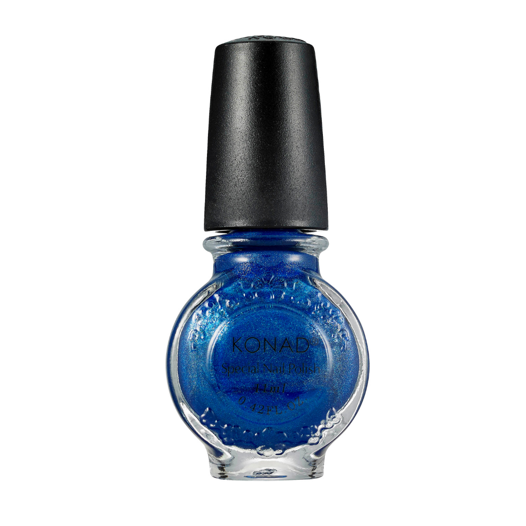 A bottle of Konad  stamping nail arti Polish in a vibrant blue shade with fine silver glitter, featuring a black cap and clear glass bottle on a white background.