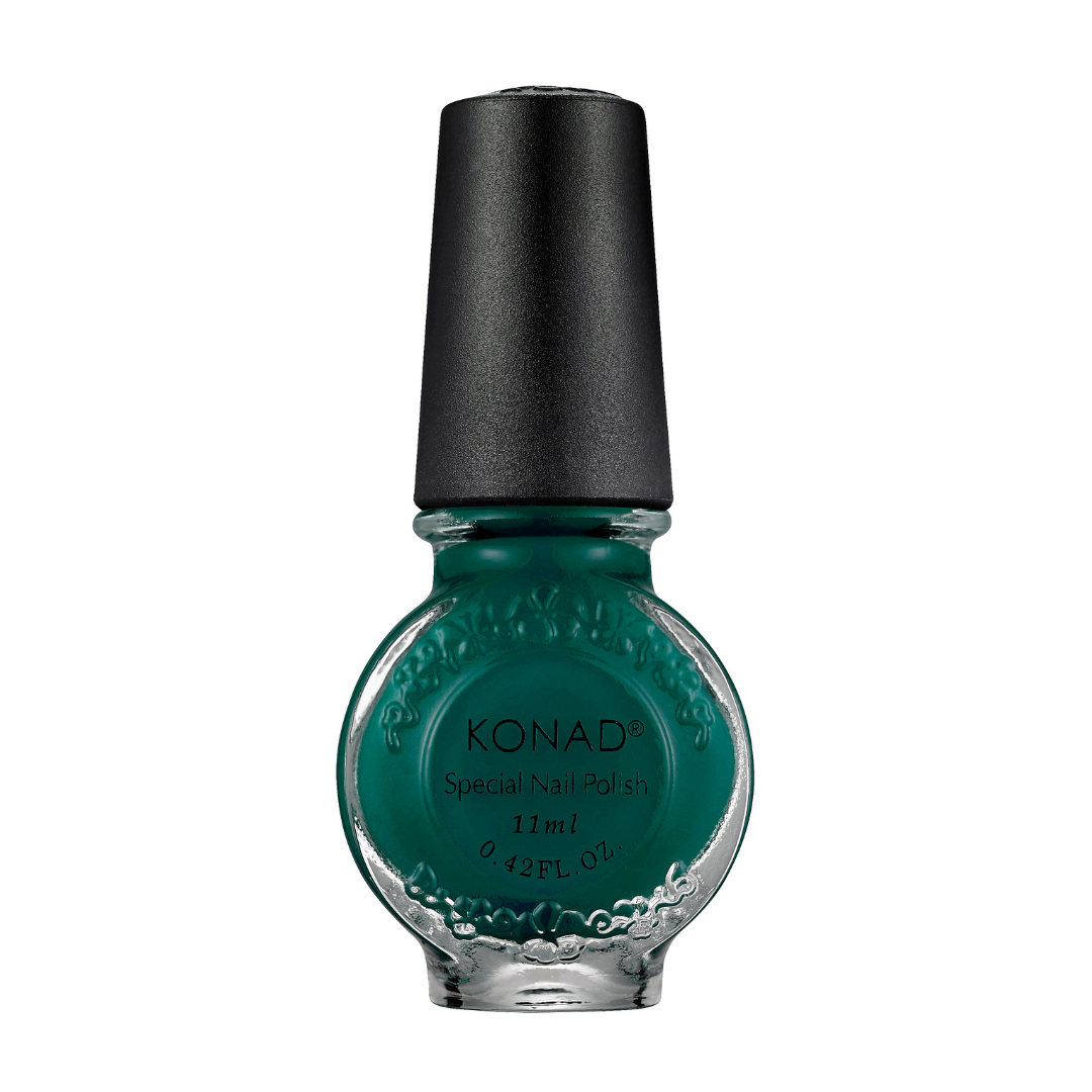 A bottle of Konad nail art stamping Polish in a deep teal green shade, featuring a textured black cap and a clear glass bottle with embossed details.