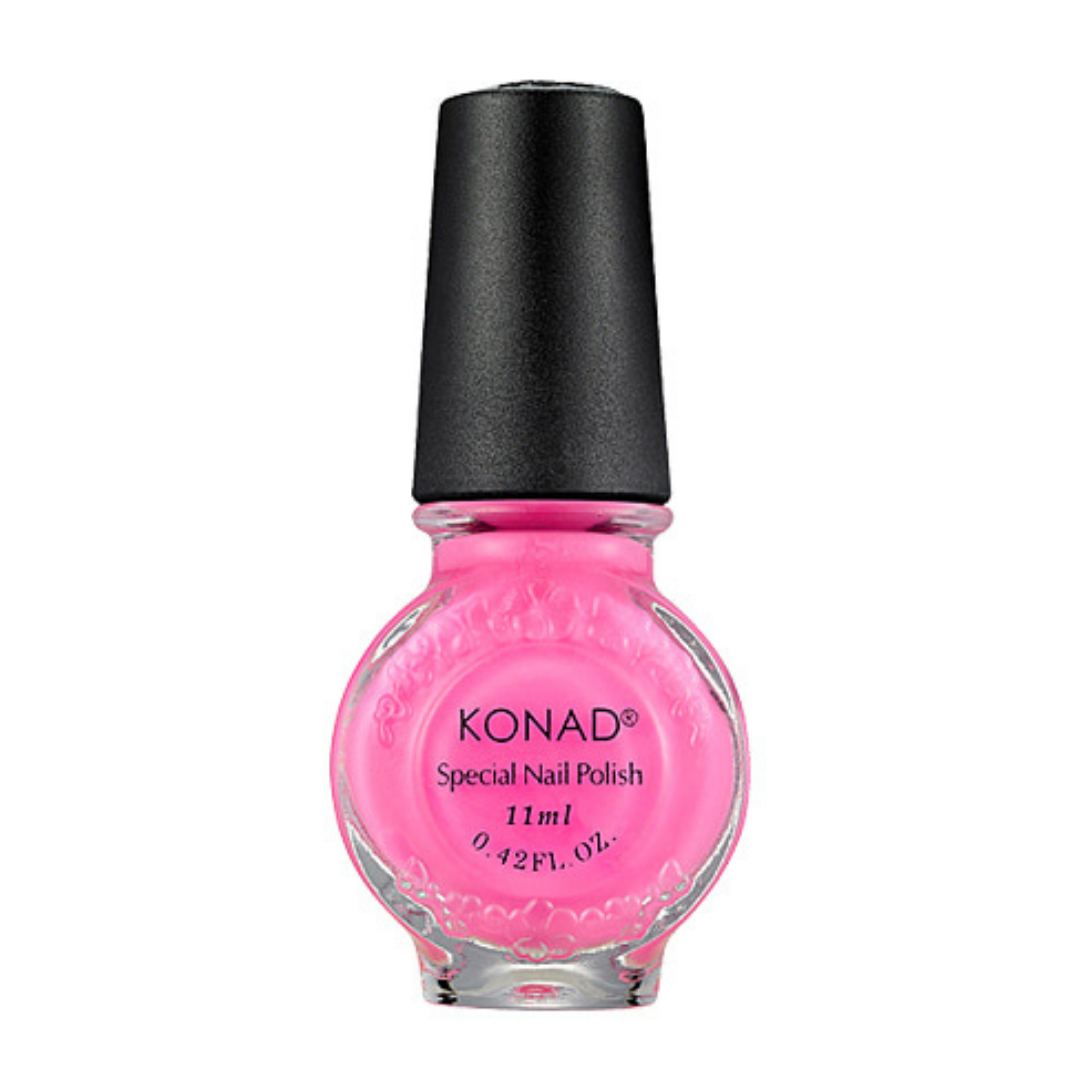 A bottle of Konad stamping nail art Polish in a bright pink shade, featuring a textured clear glass bottle and a matte black cap, set against a plain white background.