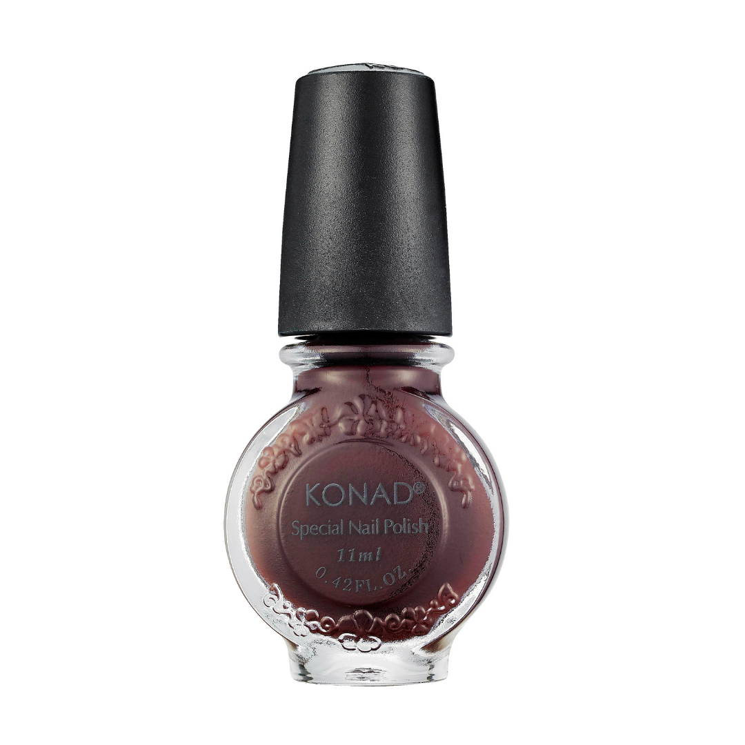 A bottle of Konad nail art stamping Polish in the shade 11ml, featuring a dark reddish-brown polish visible through a clear glass bottle with a black cap, set against a plain white background.