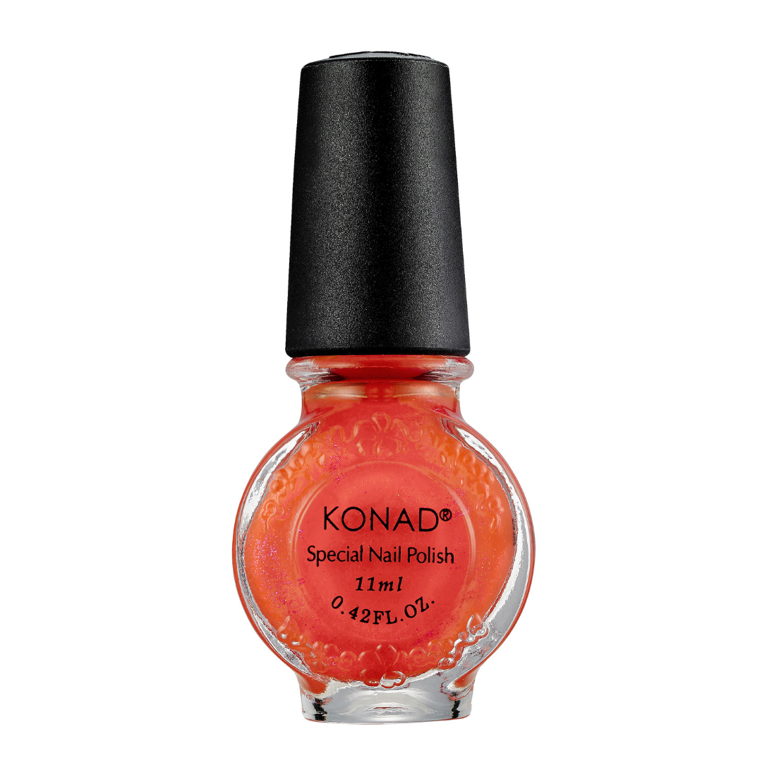 A bottle of Konad stamping nail art Polish in shade 11ml, featuring a vibrant orange-red glitter polish in a clear glass bottle with a black cap, set against a plain white background.