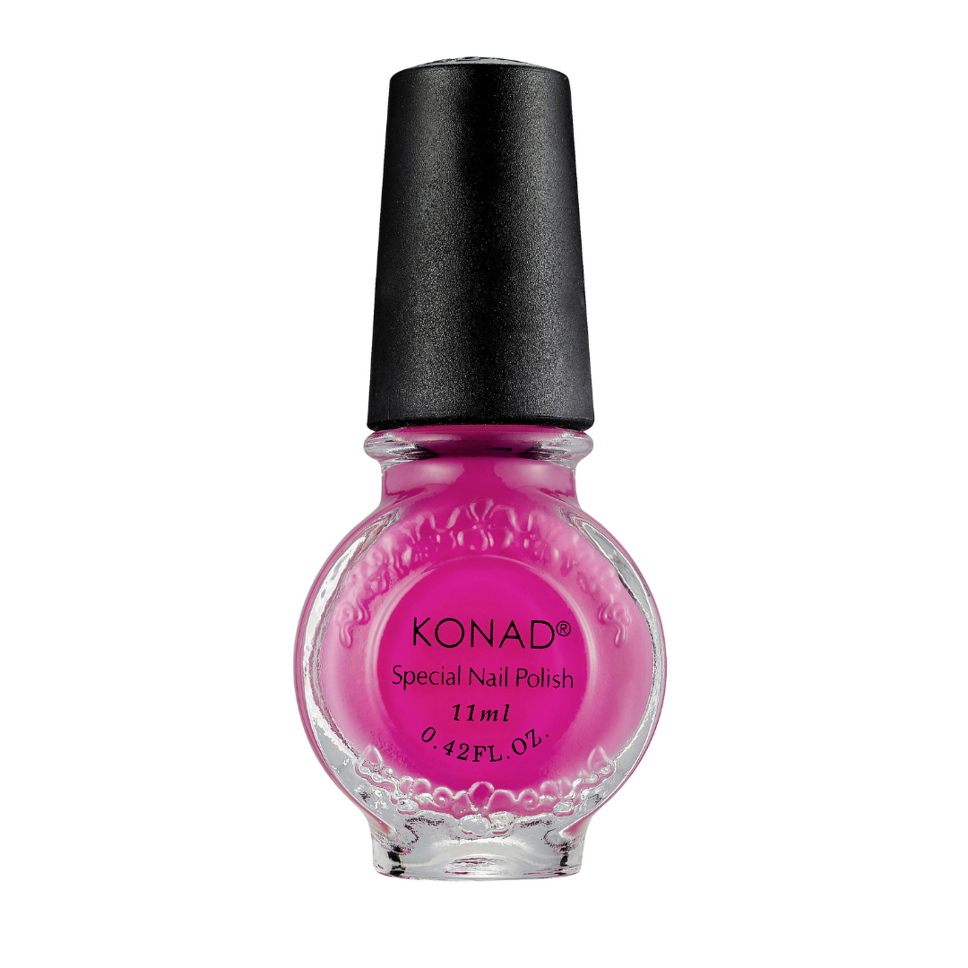 A bottle of KONAD nail art stamping Polish in a vibrant magenta pink shade, featuring a textured black cap and a clear glass bottle with a decorative label.
