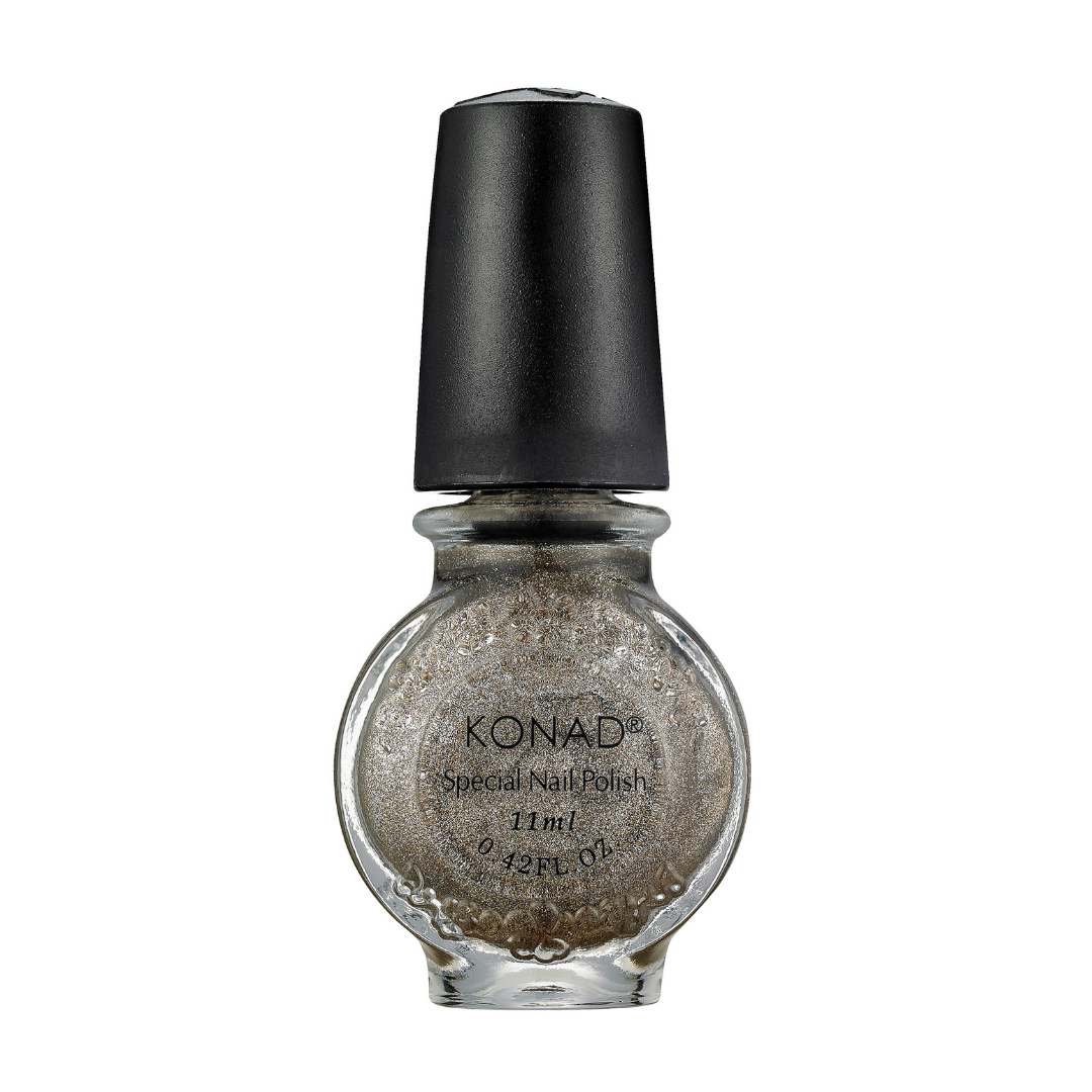 A bottle of Konad stamping nail art Polish in a shimmering metallic taupe-gray shade, featuring a black cap and clear glass bottle on a white background.