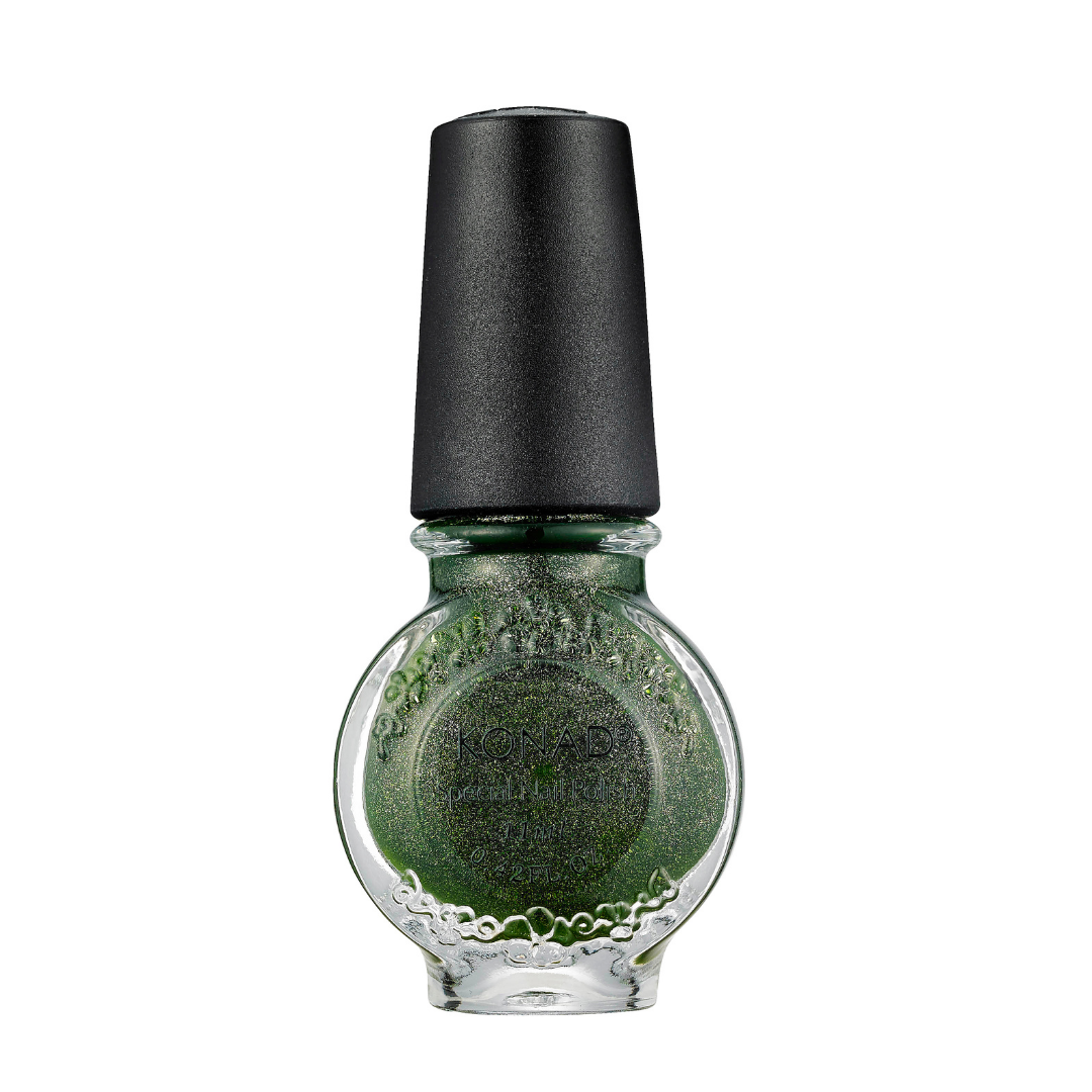 A bottle of green glitter Konad  stamping nail art polish with a black cap, shown against a plain white background.