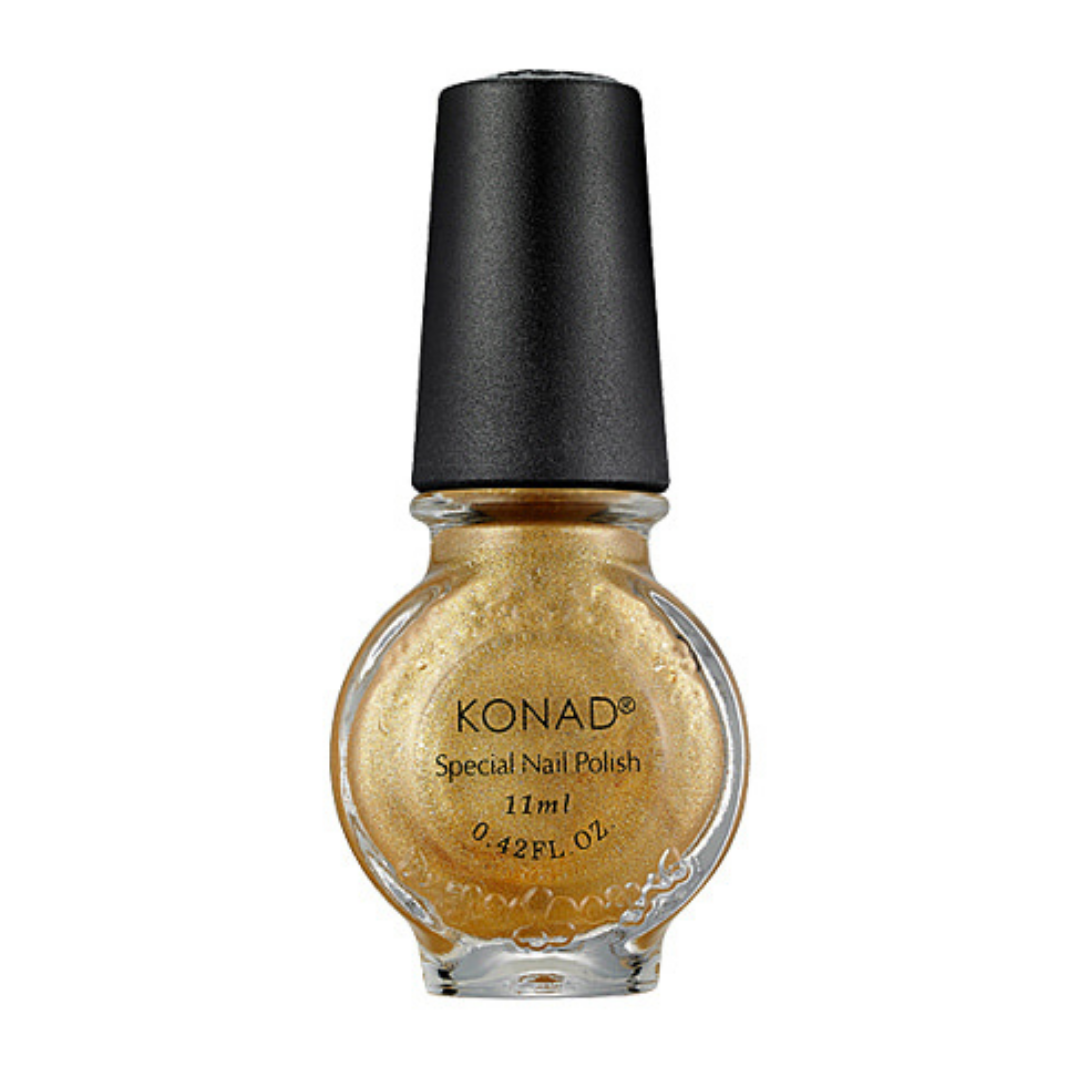 A bottle of Konad stamping nail art Polish in a shimmering metallic gold shade, featuring a black cap and clear glass bottle on a white background.