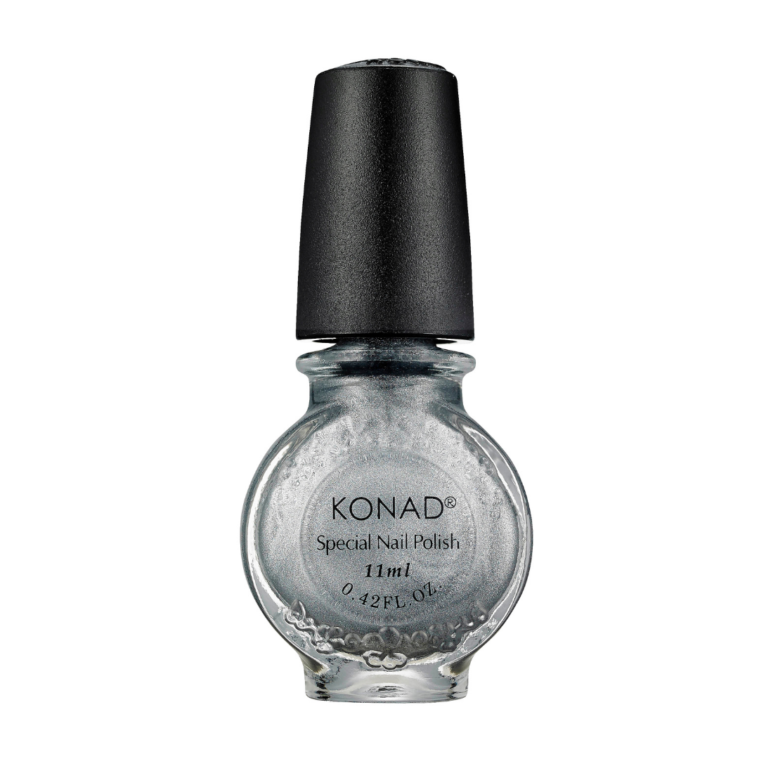 A bottle of Konad stamping nail art Polish in a shimmering silver shade, featuring a black cap and a clear glass bottle, shown against a plain white background.