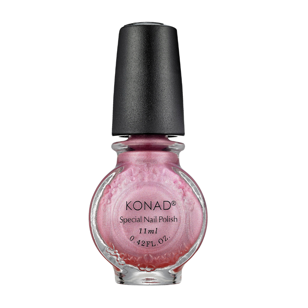 A bottle of Konad stamping nail art Polish in a sparkling pink shade, featuring a textured glass bottle and a black cap, set against a plain white background.