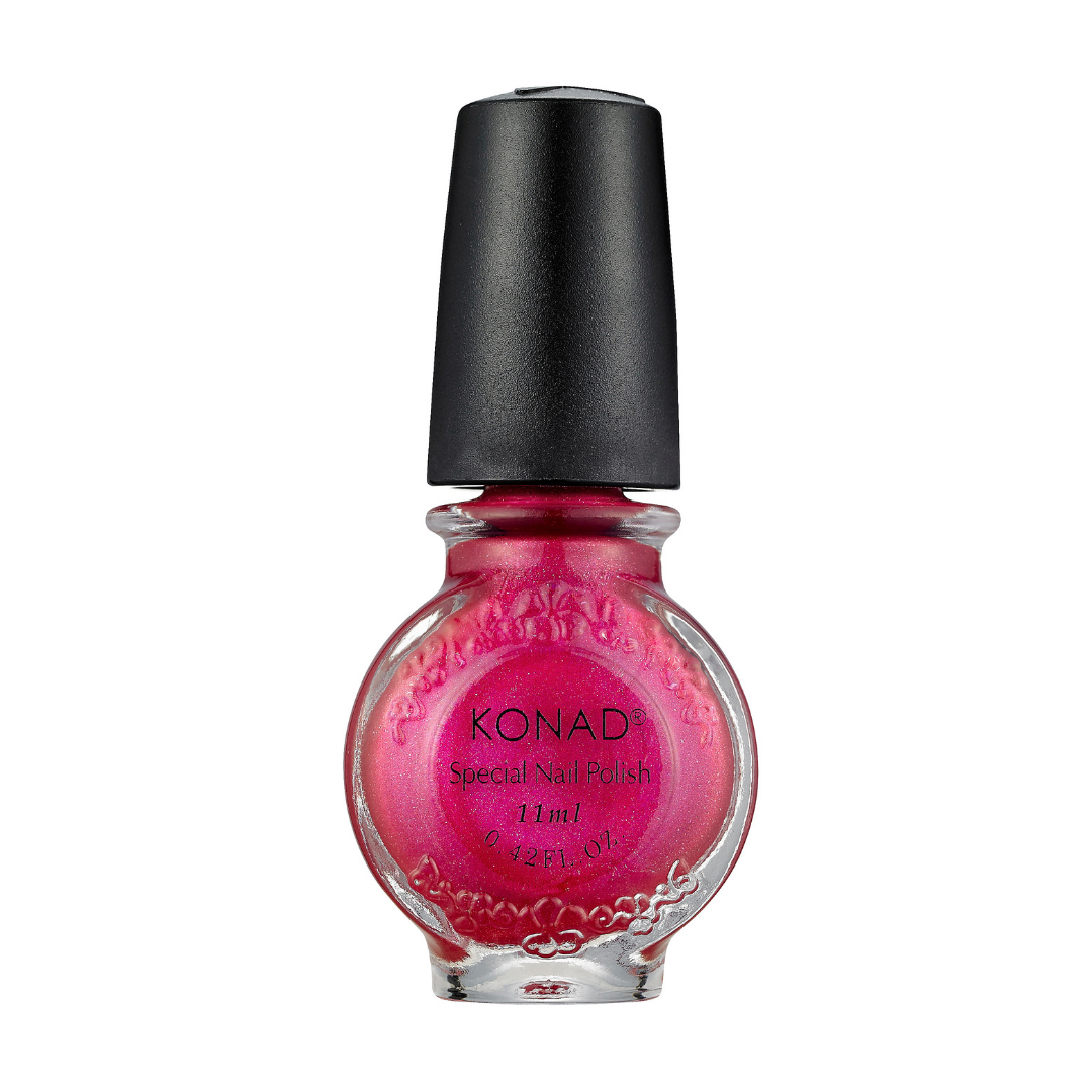 A bottle of Konad stamping nail art Polish in a vibrant hot pink shade, featuring a black cap and clear glass bottle, shown against a plain white background.