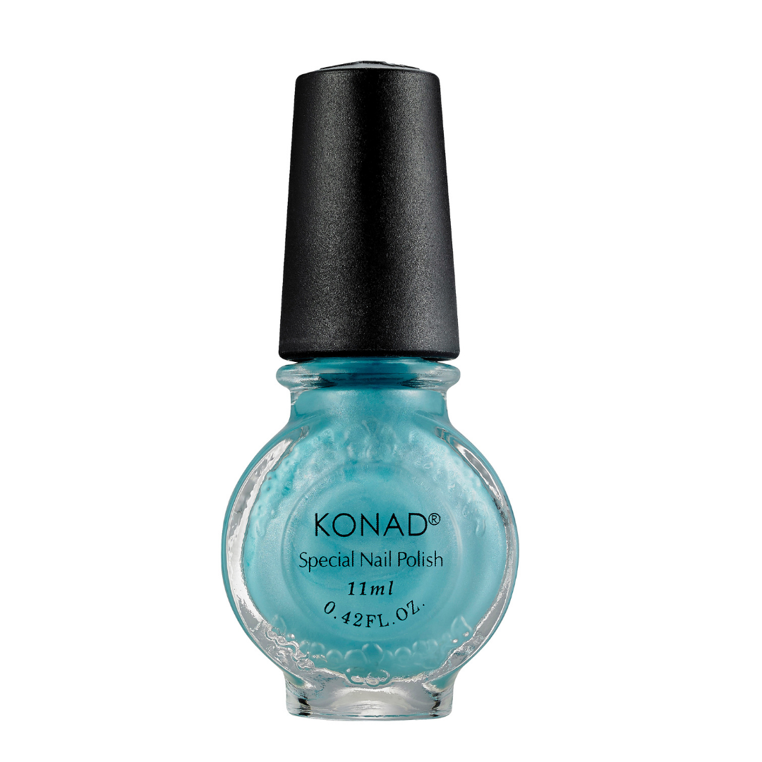 A bottle of Konad  stamping nail art Polish in a light turquoise blue shade, featuring a textured black cap and clear glass bottle, shown against a plain white background.