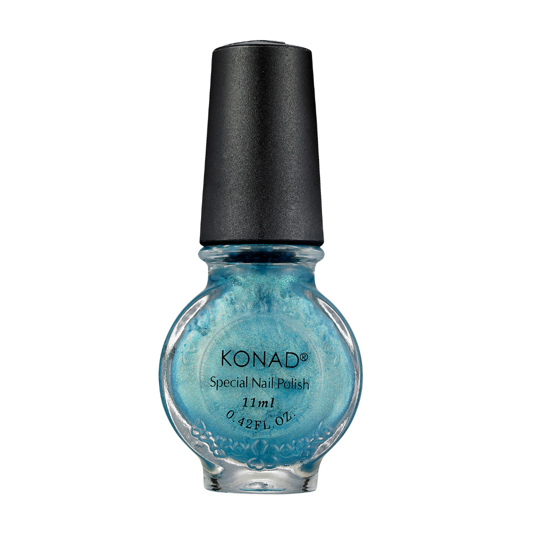 A bottle of Konad  stamping nail art Polish in a shimmering light blue shade, featuring a textured glass bottle and a matte black cap, set against a plain white background.