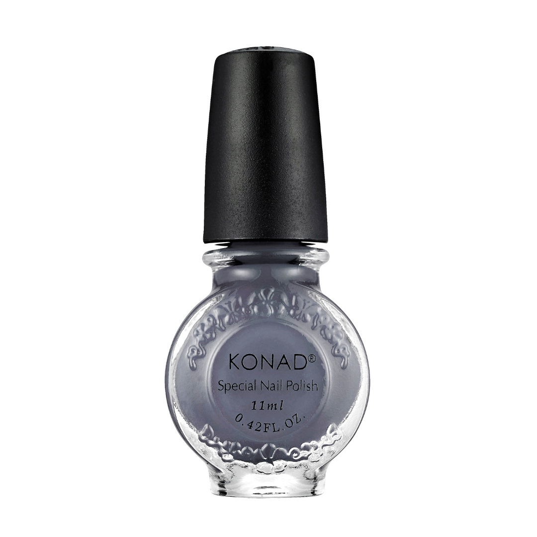 A bottle of KONAD nail art stamping Polish in a dusty lavender-gray shade, featuring a textured clear glass bottle and a matte black cap, set against a plain white background.