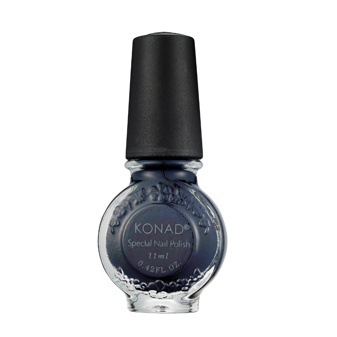 A bottle of KONAD nail art stamping Polish in a deep navy blue shade, featuring a textured clear glass bottle and a matte black cap, set against a plain white background.