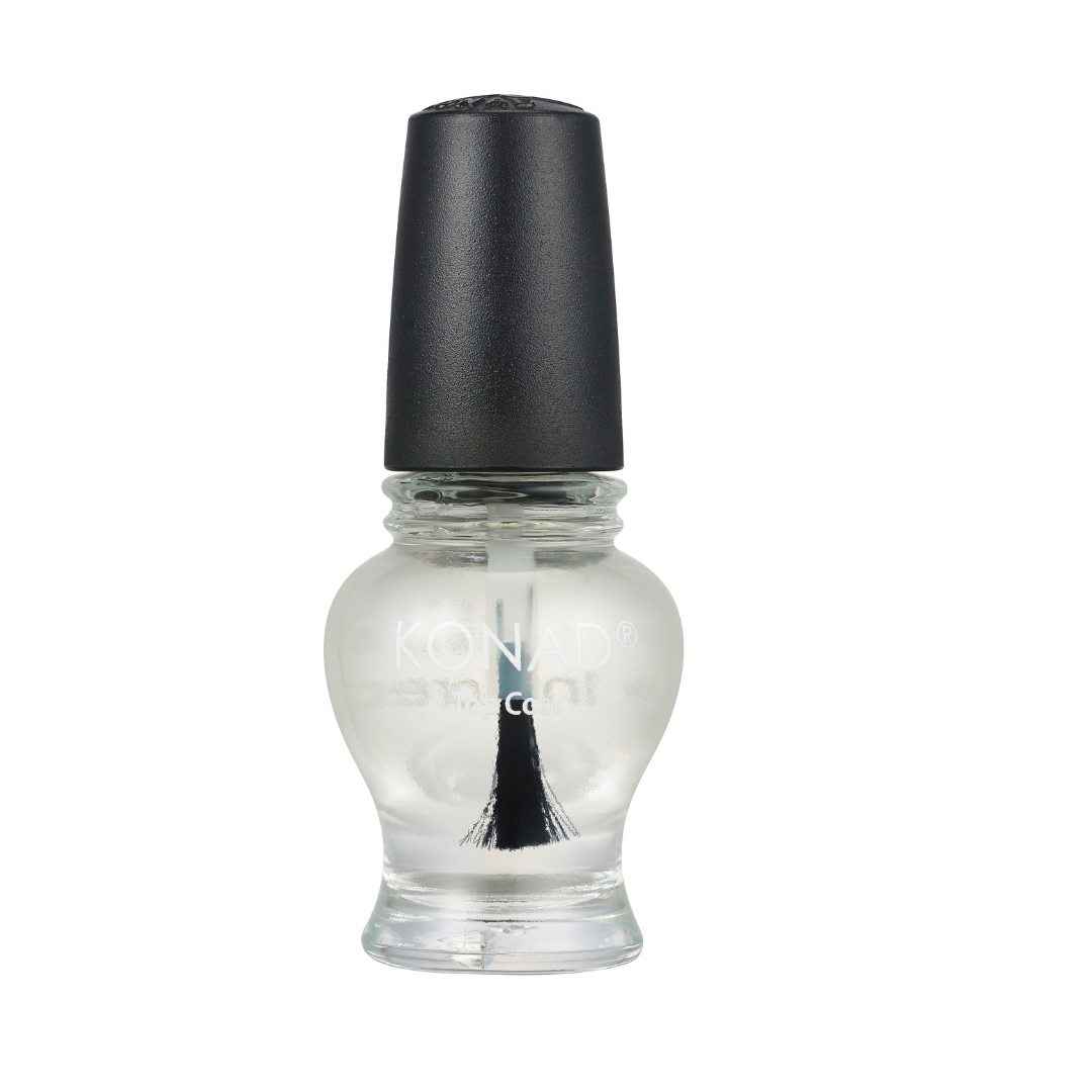 A bottle of Konad Clear Top Coat nail polish with a black cap and clear liquid inside, shown on a solid white background.