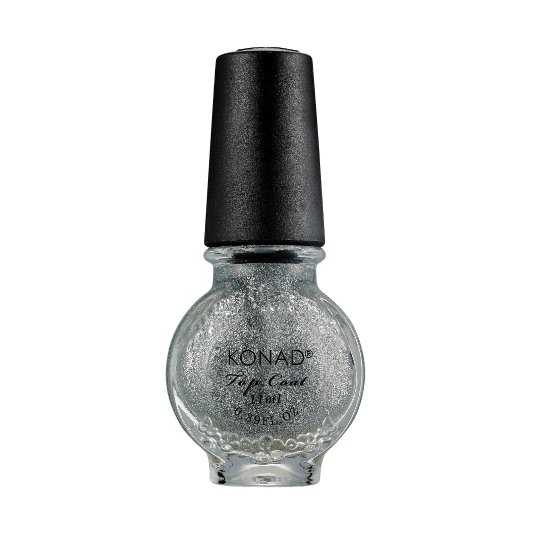 A bottle of Konad Type Coat nail polish in a shimmering silver glitter shade, featuring a black cap and clear glass bottle on a white background.