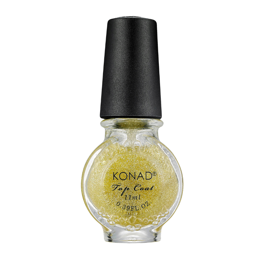 A bottle of Konad Top Coat nail polish in a sparkling gold shade, featuring a black cap and clear glass bottle on a white background.