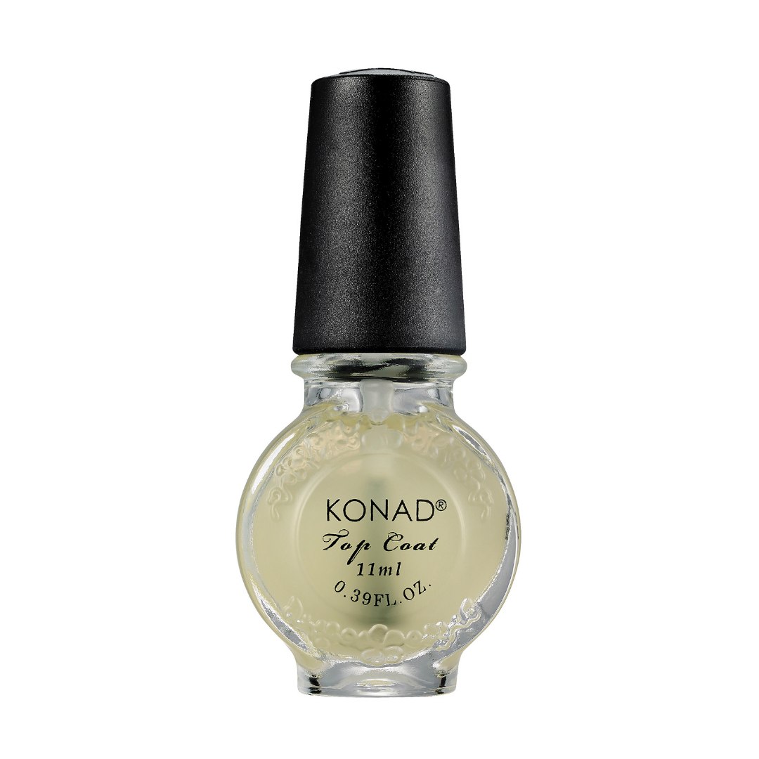 A bottle of Konad Top Coat for nail art stamping