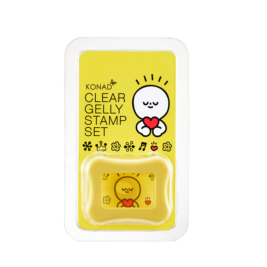 Konad Clear Gelly Stamp Set in its original blister packaging, featuring a bright yellow card with cartoon graphics and a clear plastic stamp inside.