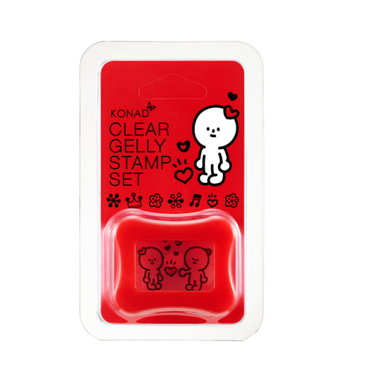 Konad Clear Gelly Stamp Set in red, packaged in a clear blister pack with a red backing card featuring a white cartoon character.