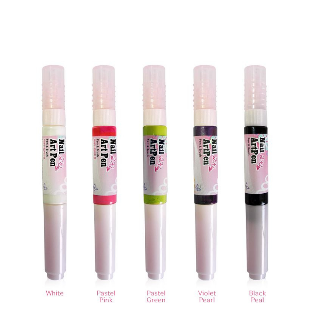 Five Konad nail art nail polish pens in different colors (White, Pastel Pink, Pastel Green, Violet Pearl, Black Peal) lined up on a white background with color names printed below each.
