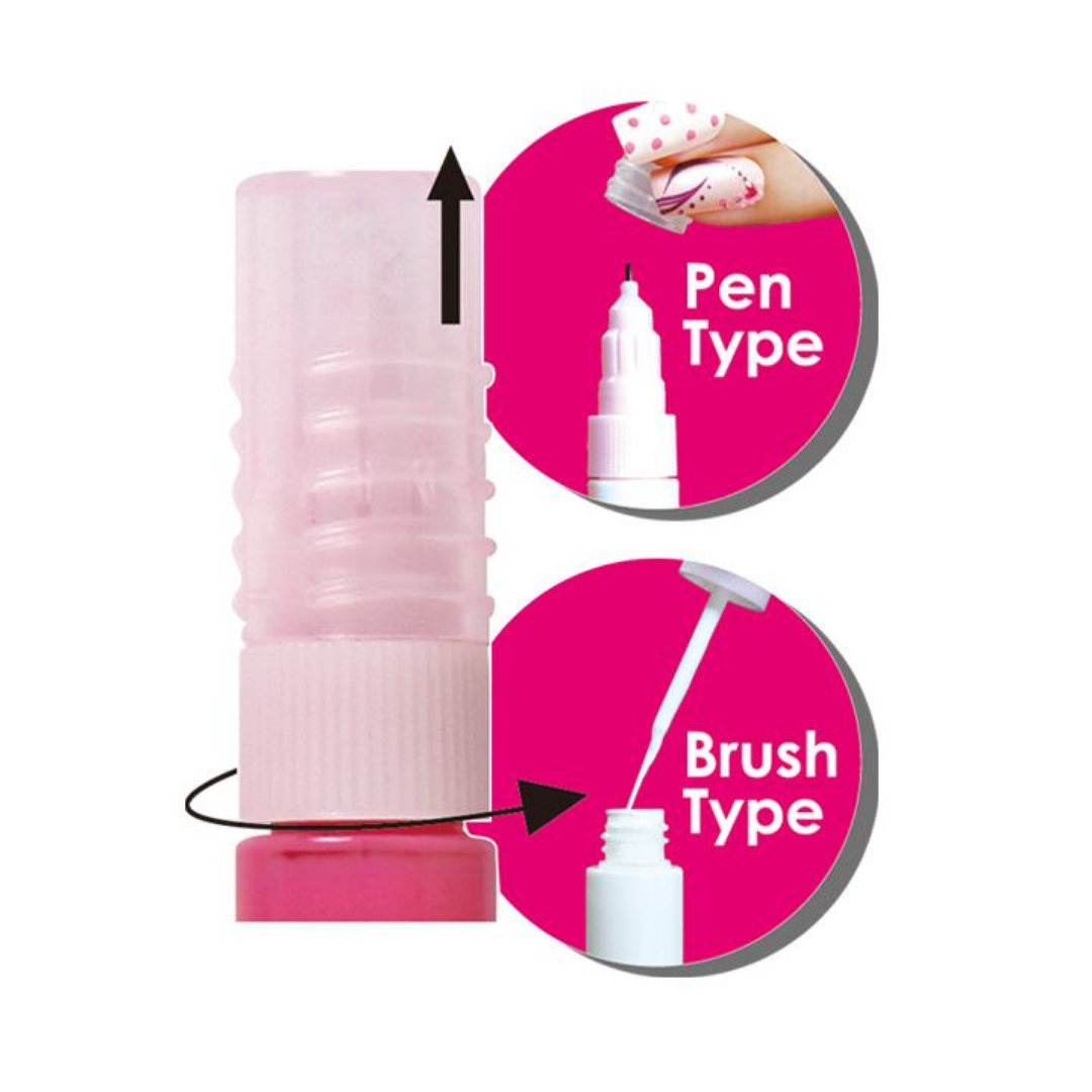 A pink Konad cylindrical nail art applicator shown on a white background with two circular callout graphics. The top circle shows a pen tip and the text 'Pen Type,' and the bottom circle shows a brush and the text 'Brush Type.