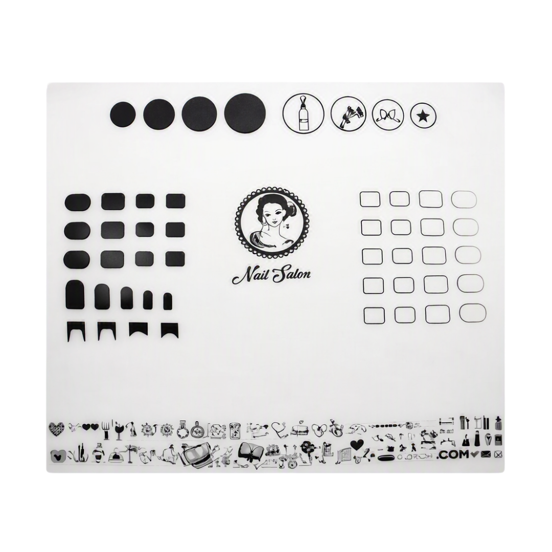 Silicone Nail Art practice mat type sheer with various nail shape templates for practicing french nail tips, acrylic and gel nail shapes.