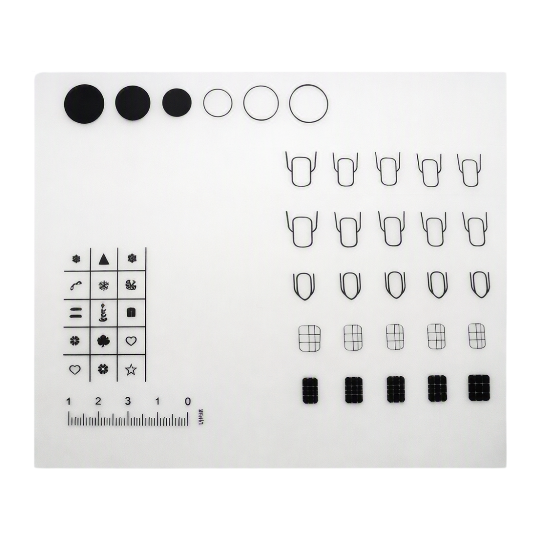 Silicone Nail Art practice mat type sheer with various nail shape templates for practicing french nail tips, acrylic and gel nail shapes.