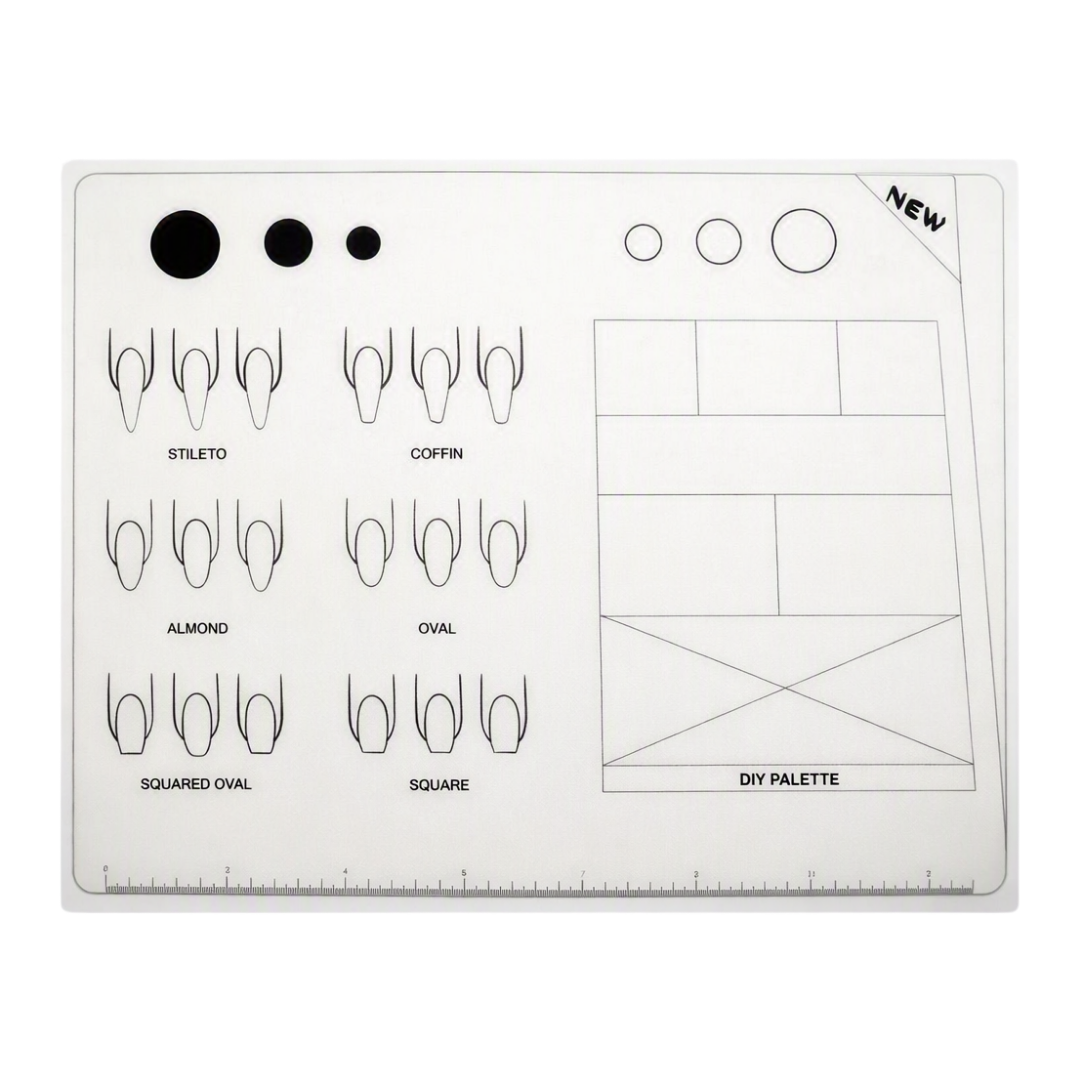 Silicone Nail Art practice mat type sheer with various nail shape templates for practicing french nail tips, acrylic and gel nail shapes.