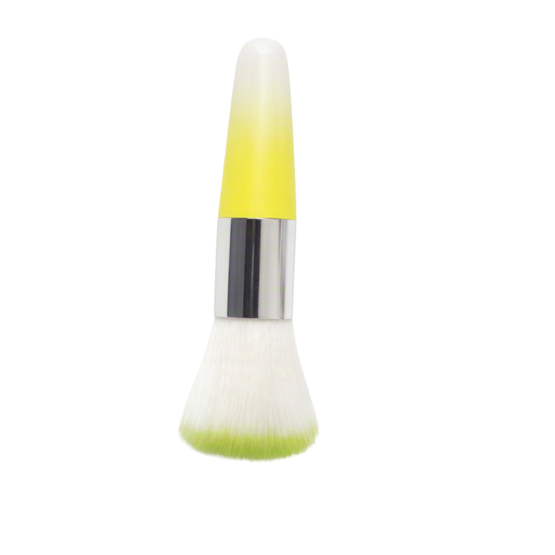 A nail dust brush with a white-to-yellow gradient handle, a shiny silver ferrule, and white bristles with a light green tip, shown against a plain white background.
