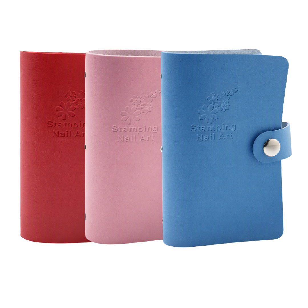 Leather look booklet for storage of nail art stamping plates shown in red, pink, blue on white background