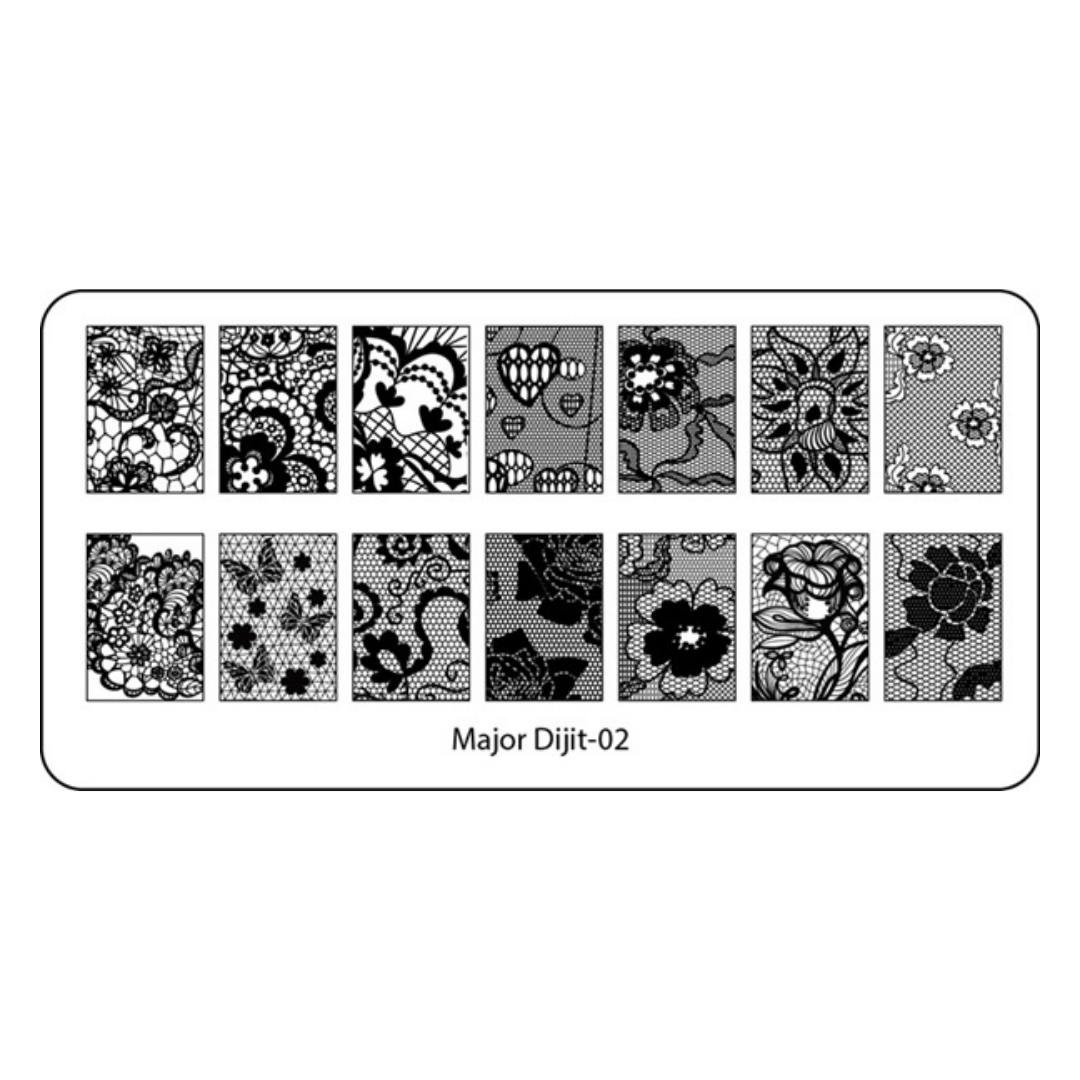 A rectangular nail art stamping plate labeled 'Major Dijit-02' showing 16 black-and-gray floral and lace pattern samples arranged in two rows on a white background.