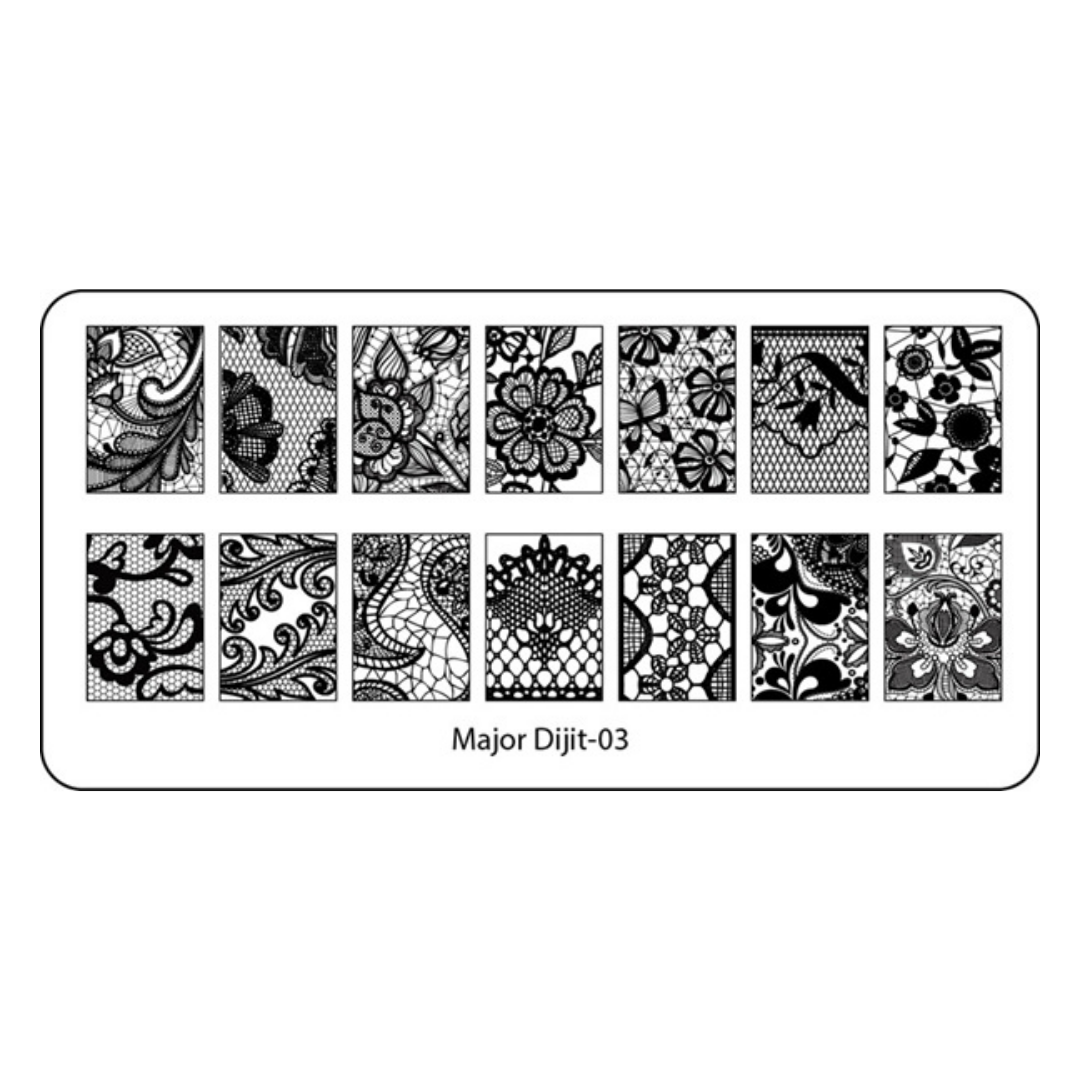 A black and white nail stamping plate labeled 'Major Dijit-03' with 18 different floral and paisley lace-like pattern designs arranged in two rows on a white background.