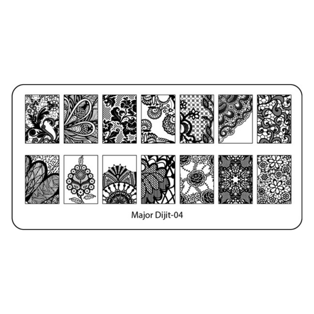 A black and white nail stamping plate labeled 'Major Dijit-04', featuring 16 different ornate floral and paisley patterns arranged in two rows on a white background.