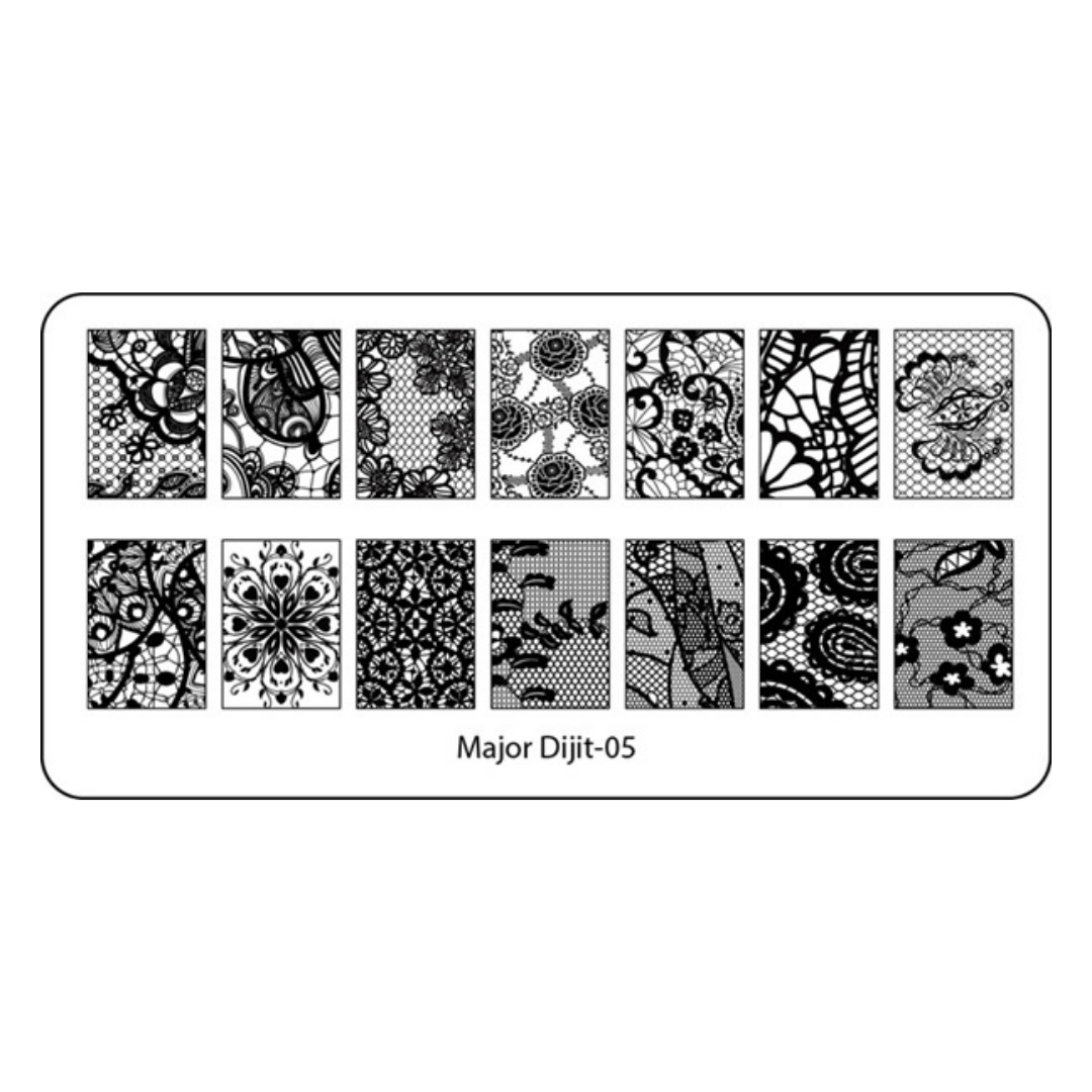 A black and white nail stamping plate labeled 'Major Dijit-05' with 16 different lace and floral pattern designs arranged in two rows on a white background.